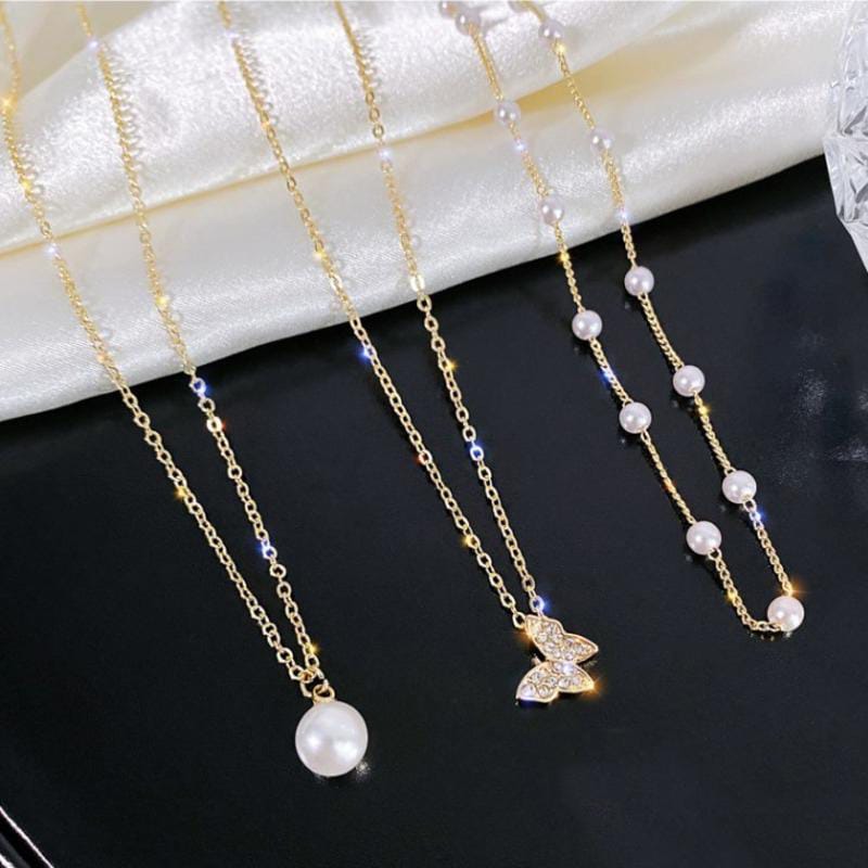 Yu Fashions Trending 3 layered Pearl Pendent Butterfly Pearl Chain Necklace