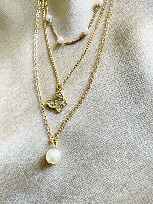 Yu Fashions Trending 3 layered Pearl Pendent Butterfly Pearl Chain Necklace