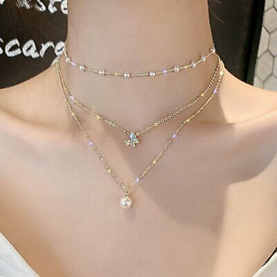 Yu Fashions Trending 3 layered Pearl Pendent Butterfly Pearl Chain Necklace