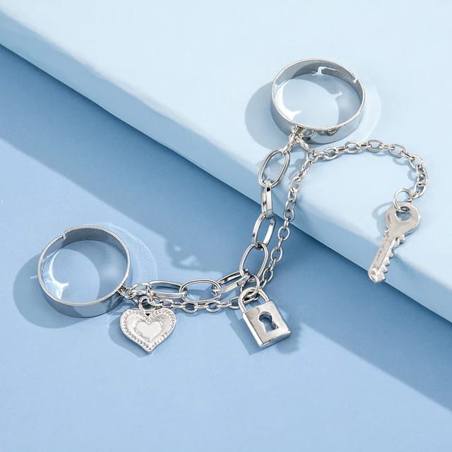 Yu Fashions Cross Vintage Heart Lock Key High Fashion dual Joined Korean Ring Set