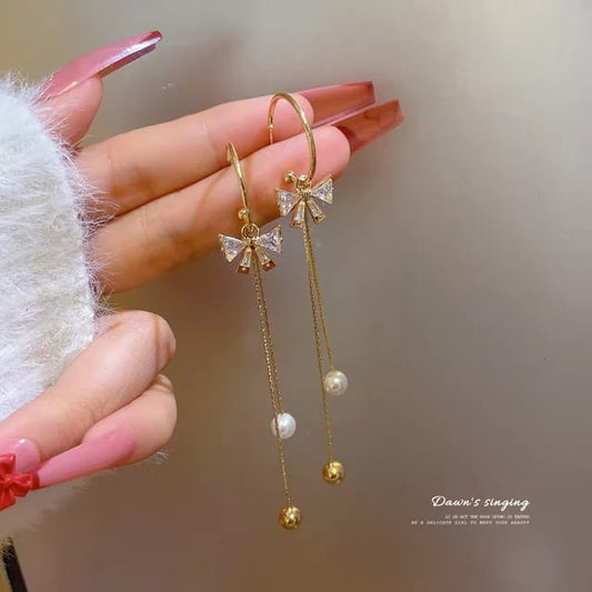 Yu Fashions Bow Knot Crystal Pearl Metal Drop Korean Earrings Pair