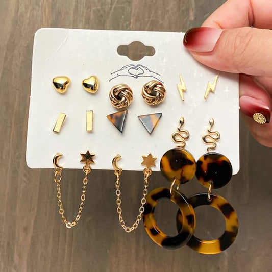 Yu Fashions Acrylic Animal Print Thunder Twisted Stud Star Moon Chain Korean Earrings Pair of 9