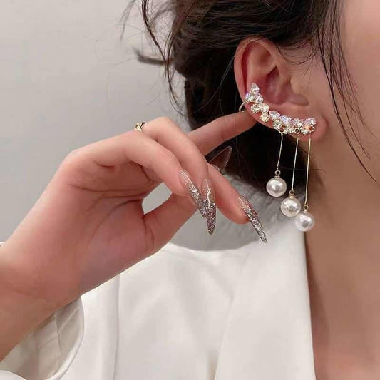 Yu Fashions Pearl Crystal 3 Drop Pearl Tassel Korean Earrings Pair