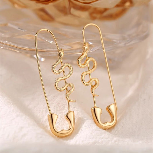 Yu Fashions Safety Pin Snake Golden Korean Earrings Pair