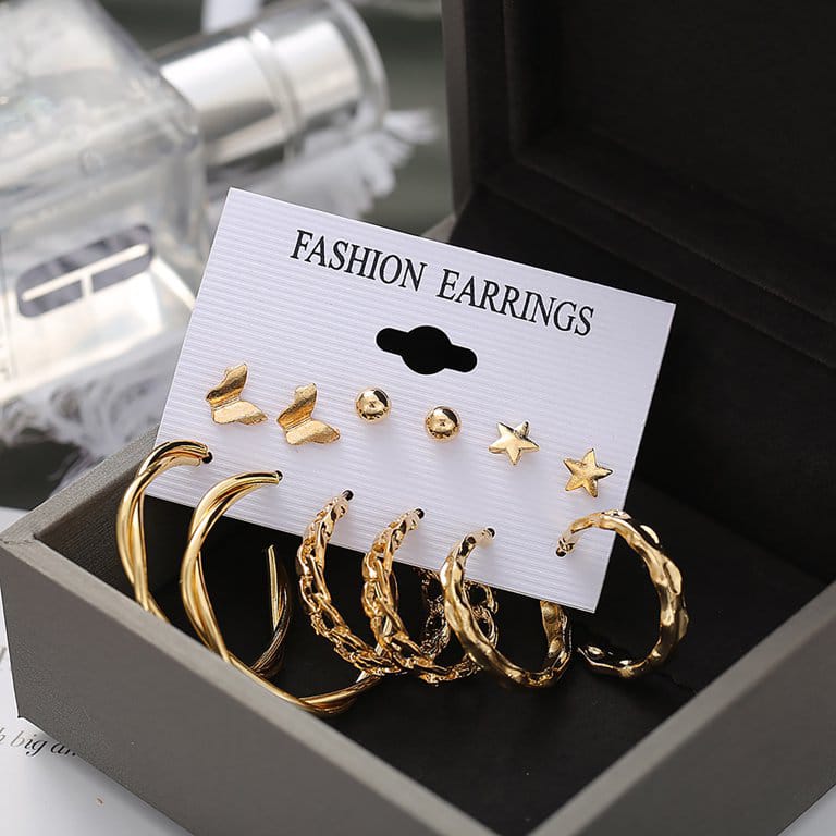 Stylish Golden Hoops Studs Earrings Set of 6 Pairs For Women