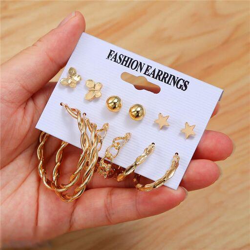 Stylish Golden Hoops Studs Earrings Set of 6 Pairs For Women