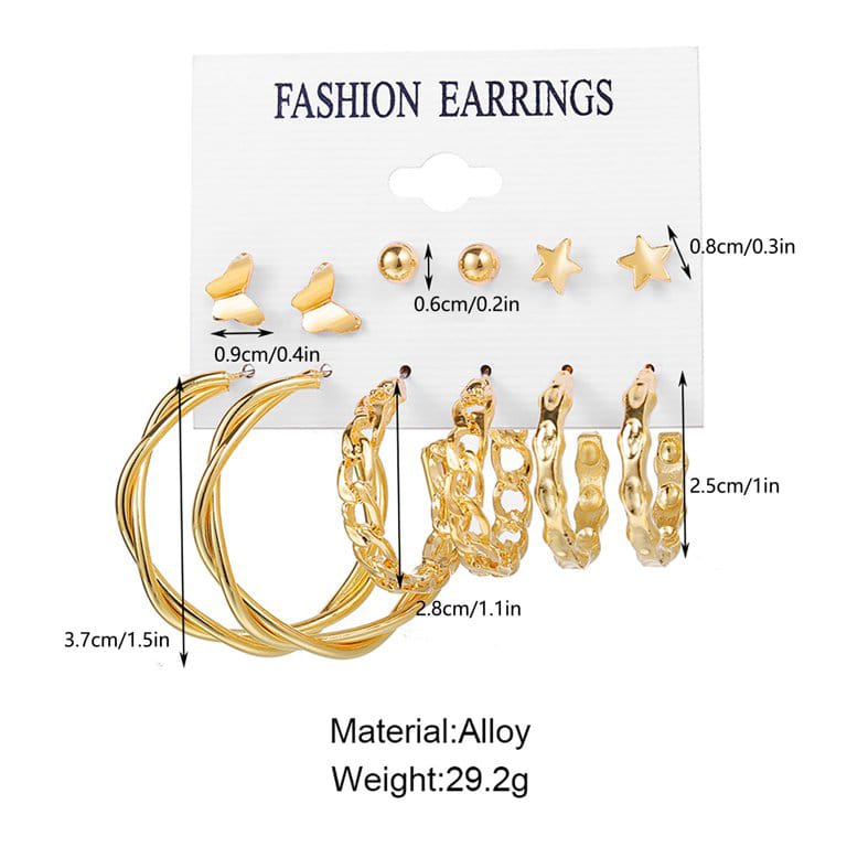 Stylish Golden Hoops Studs Earrings Set of 6 Pairs For Women