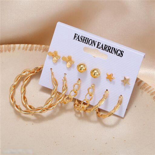 Stylish Golden Hoops Studs Earrings Set of 6 Pairs For Women