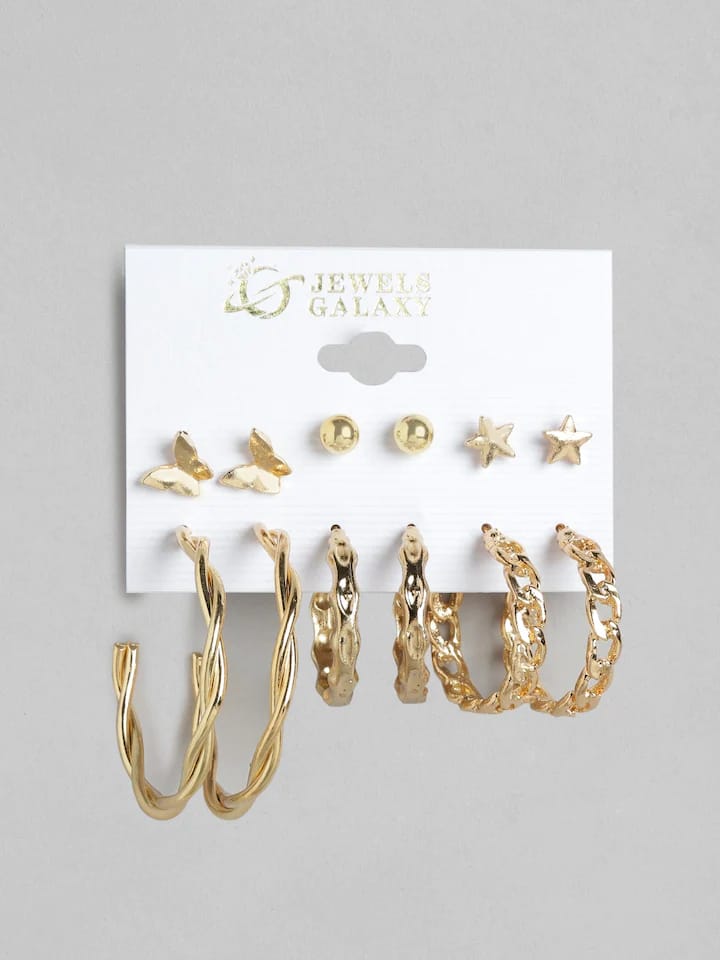 Stylish Golden Hoops Studs Earrings Set of 6 Pairs For Women