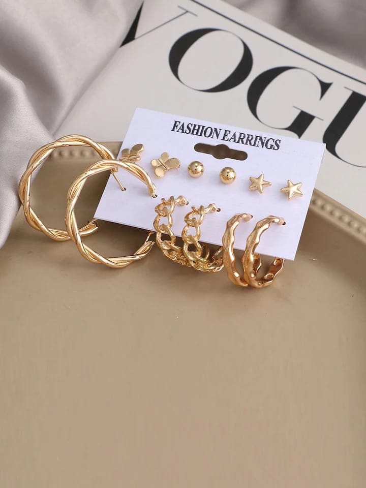 Stylish Golden Hoops Studs Earrings Set of 6 Pairs For Women
