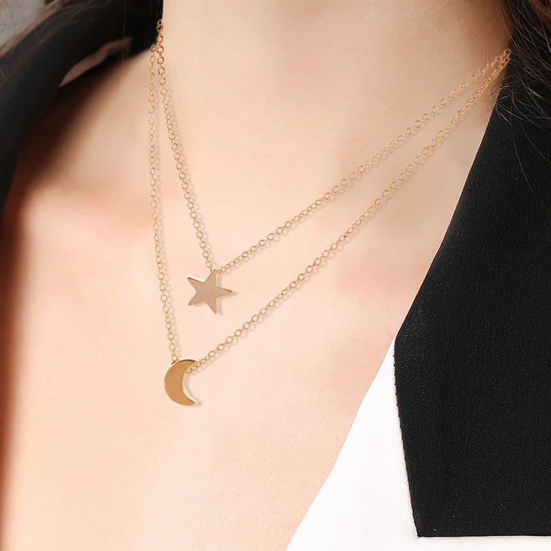 Yu Fashions Moon & Star Minimal Pendent 2 layered Necklace Chain