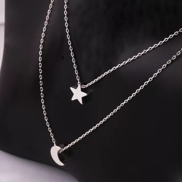 Yu Fashions Moon & Star Minimal Pendent 2 layered Necklace Chain