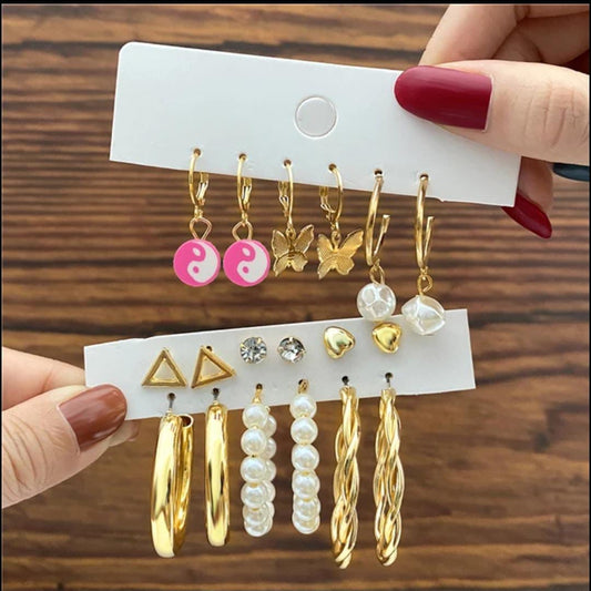 Stylish Pink Yin Yang Golden Triangle Pearl Hoop Butterfly Earrings Set of 9 Pairs For Women