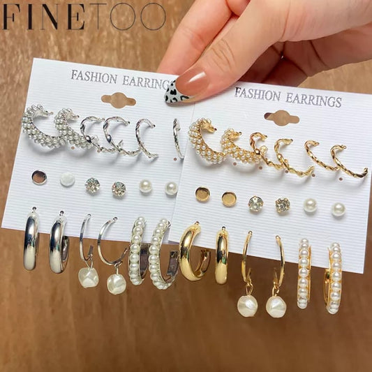 Stylish Pearl Drop Hoop Stud Earrings Set of 9 Pairs For Women