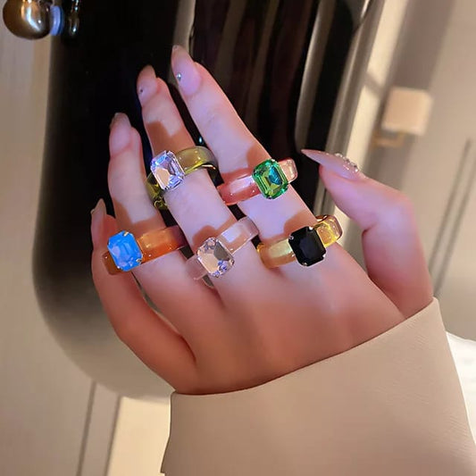 Yu Fashions Pinterest Inspired Colorful Retro Transparent Candy Punk Funky Rhinestone Geometric Decor Acrylic Ring Set of 5