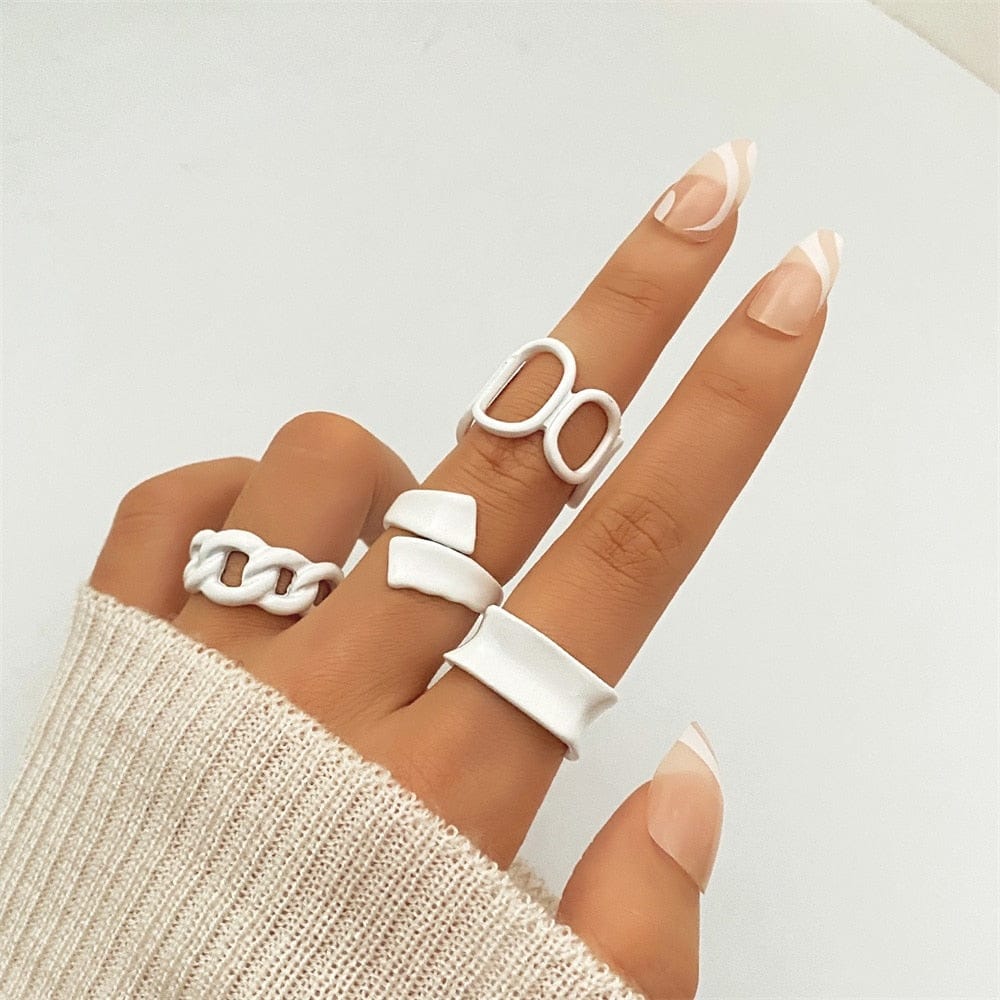 Yu Fashions trendy Punk Funky Acrylic Geometric Hollow White Ring Set of 4