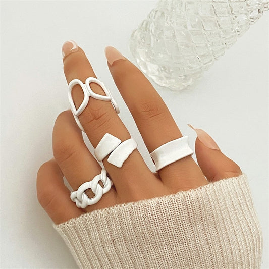 Yu Fashions trendy Punk Funky Acrylic Geometric Hollow White Ring Set of 4