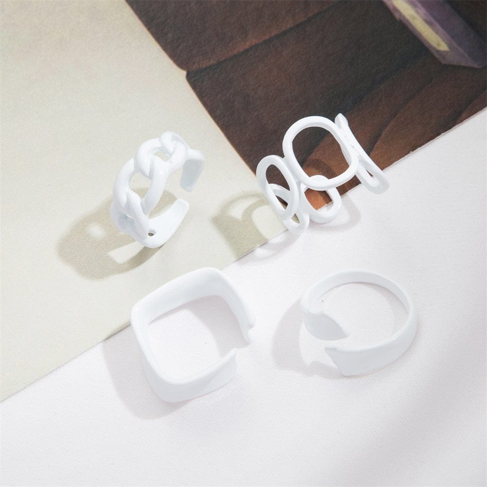 Yu Fashions trendy Punk Funky Acrylic Geometric Hollow White Ring Set of 4