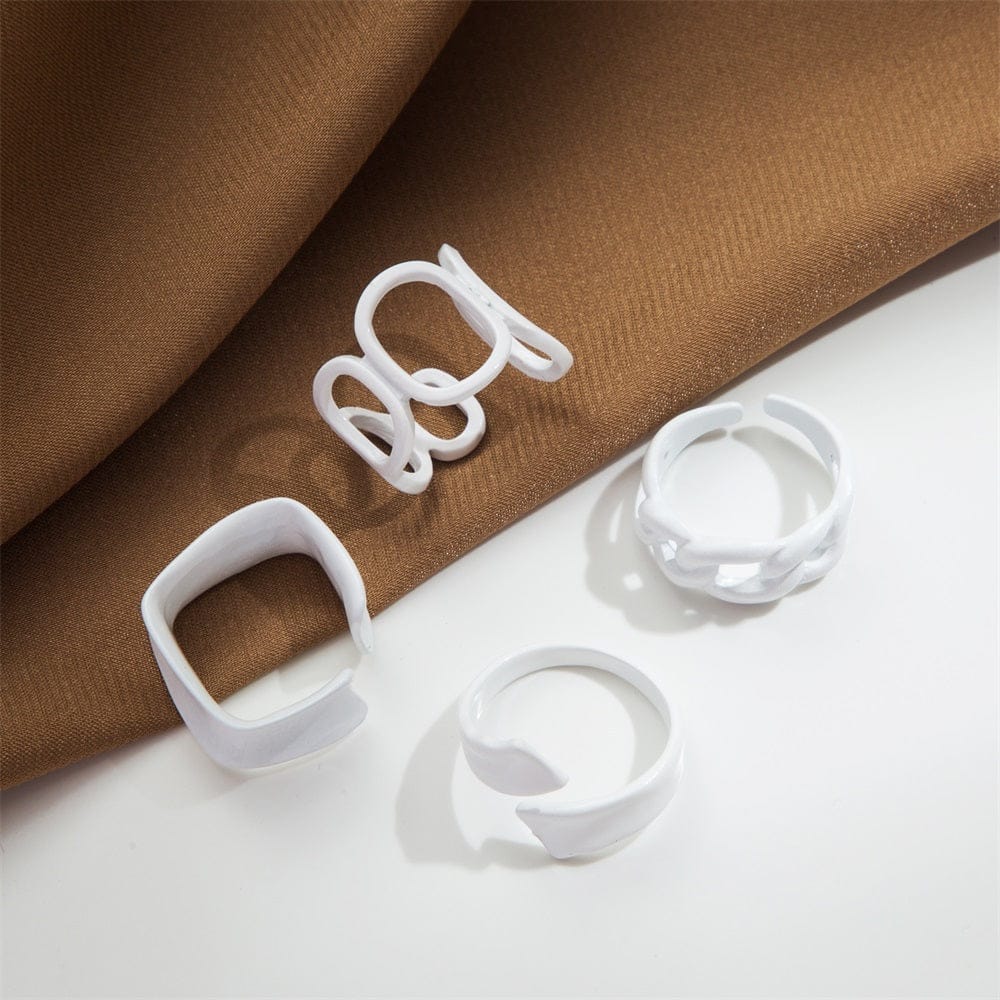 Yu Fashions trendy Punk Funky Acrylic Geometric Hollow White Ring Set of 4