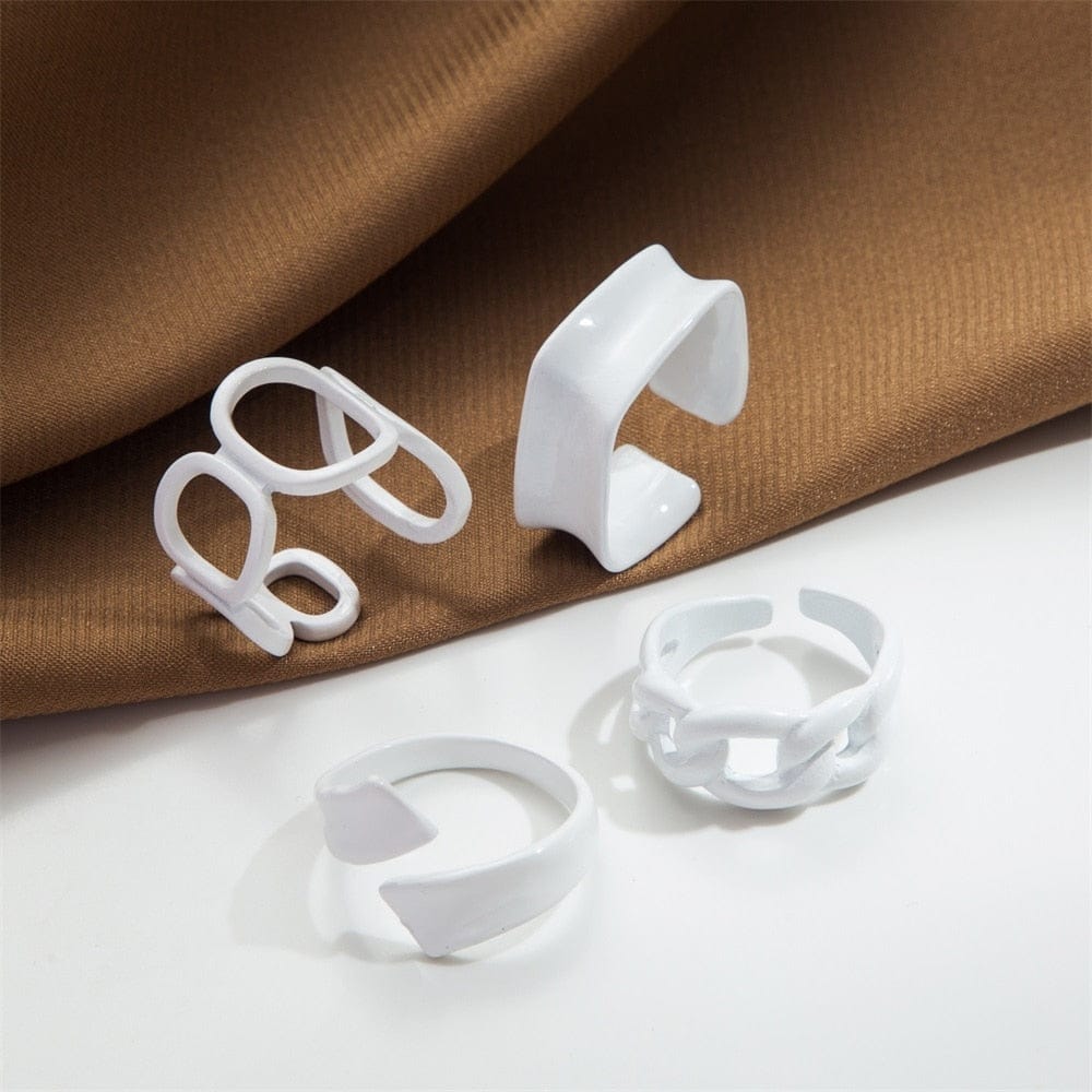 Yu Fashions trendy Punk Funky Acrylic Geometric Hollow White Ring Set of 4