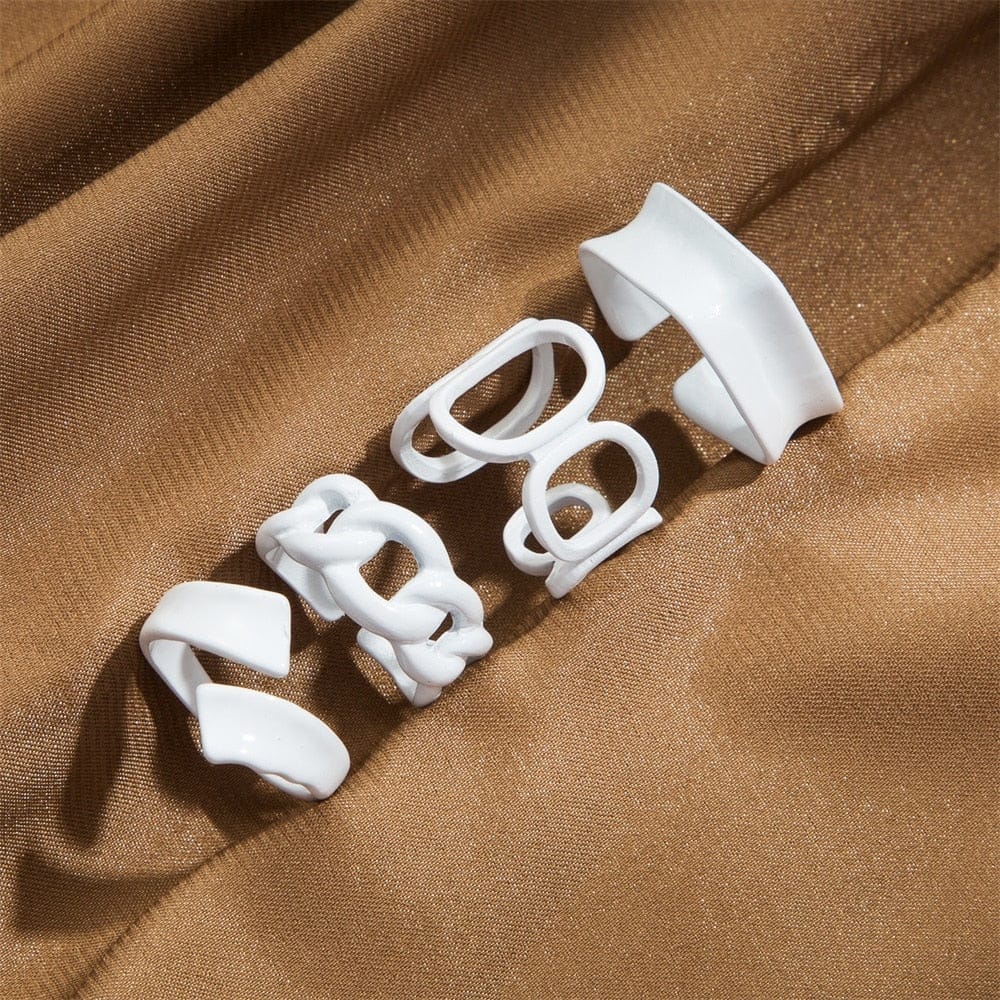 Yu Fashions trendy Punk Funky Acrylic Geometric Hollow White Ring Set of 4