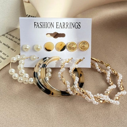 Stylish Print Acrylic Pearl Hoop Golden Stud Earrings Set of 6 Pairs For Women