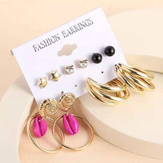 Stylish Pink Shell Golden Rhinstone Stud Star Earrings Set of 5 For Women