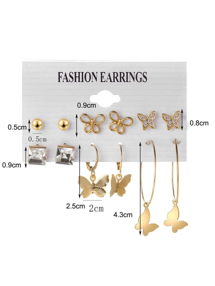 Stylish Rhinstone Butterfly Golden Earrings Set of 6 Pairs For Women