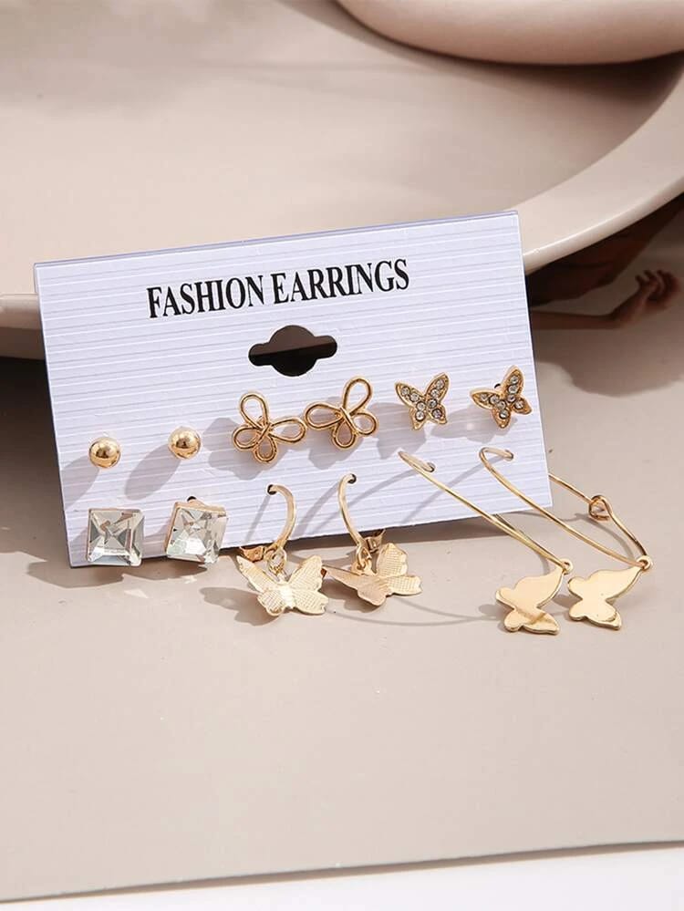 Stylish Rhinstone Butterfly Golden Earrings Set of 6 Pairs For Women
