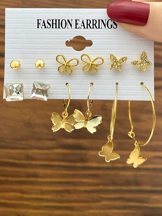 Stylish Rhinstone Butterfly Golden Earrings Set of 6 Pairs For Women