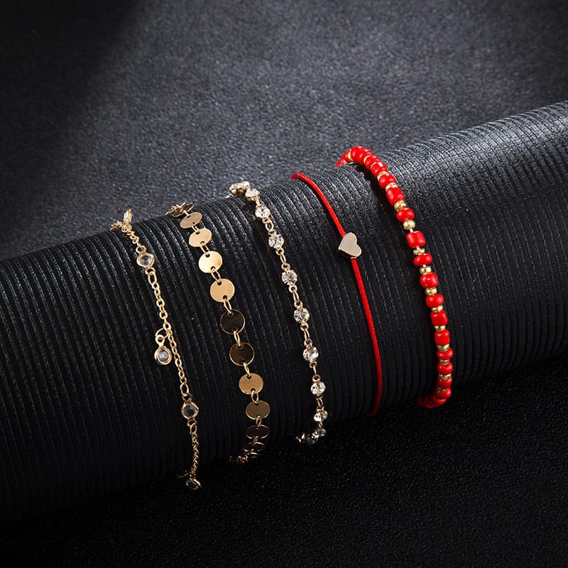 Yu Fashions 5 Layered Red Rope Boho Heart Drop Beads Multilayered Beach Korean Anklet