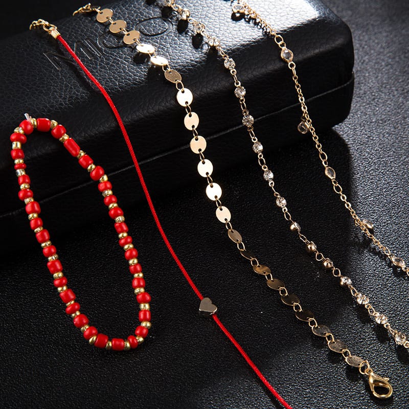 Yu Fashions 5 Layered Red Rope Boho Heart Drop Beads Multilayered Beach Korean Anklet