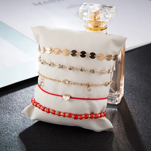 Yu Fashions 5 Layered Red Rope Boho Heart Drop Beads Multilayered Beach Korean Anklet
