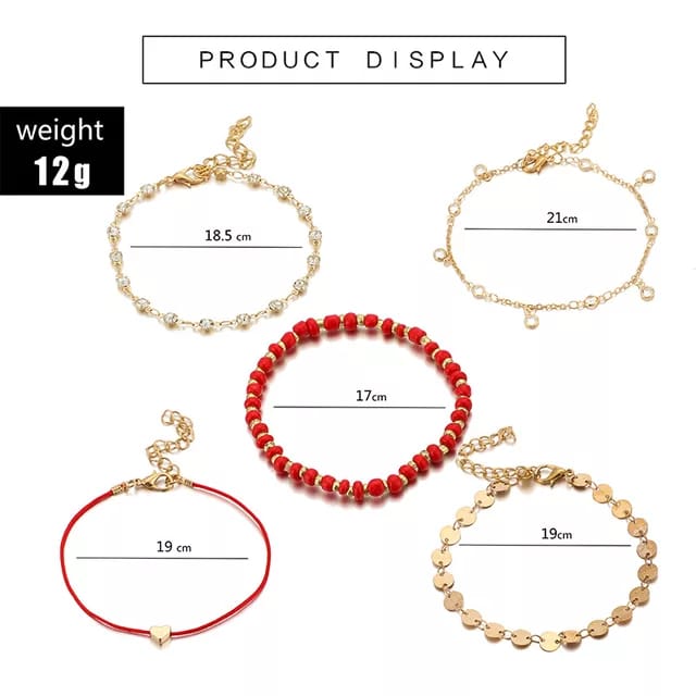 Yu Fashions 5 Layered Red Rope Boho Heart Drop Beads Multilayered Beach Korean Anklet
