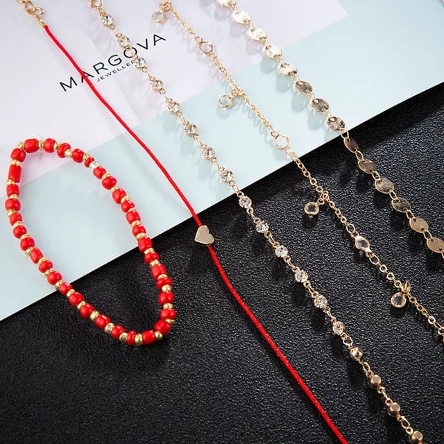 Yu Fashions 5 Layered Red Rope Boho Heart Drop Beads Multilayered Beach Korean Anklet