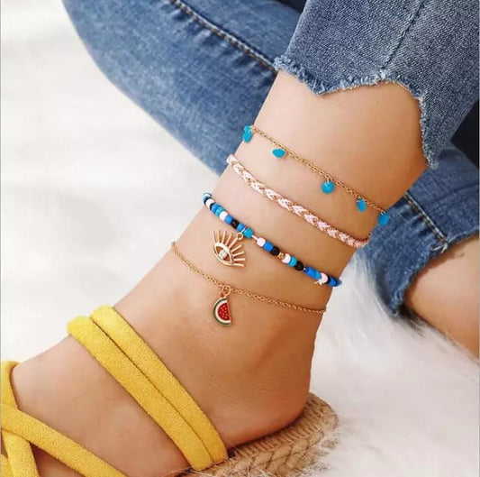 Yu Fashions 4 Layered Rope Half Watermelon Evil Demon Eye Blue Drop Beads Multilayered Korean Anklet
