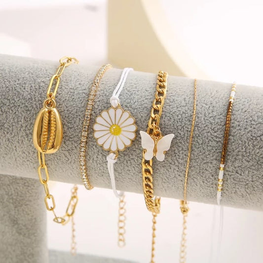 Yu Fashions 5 Layered Daily Flower Butterfly Shell Rhinestone Multilayered Korean Bracelet