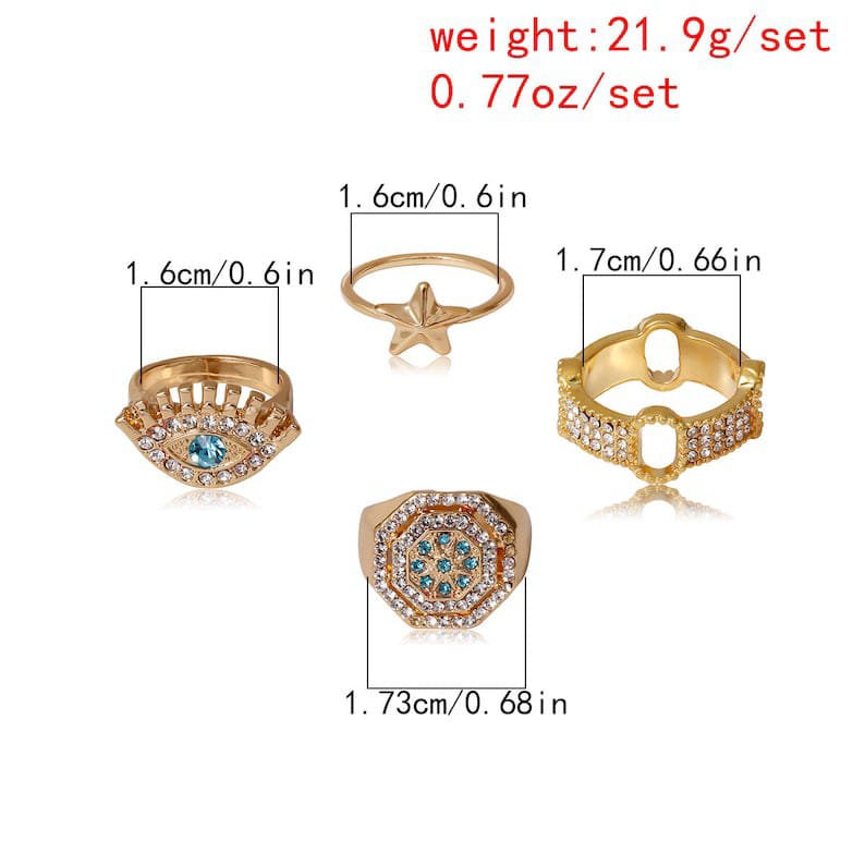 Yu Fashions Gold Turkish Eye Stone Ring Set of 4