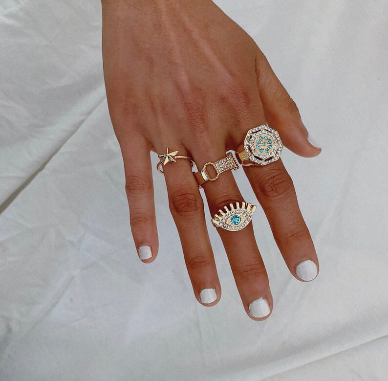 Yu Fashions Gold Turkish Eye Stone Ring Set of 4