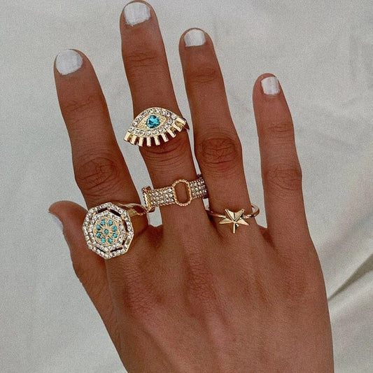 Yu Fashions Gold Turkish Eye Stone Ring Set of 4