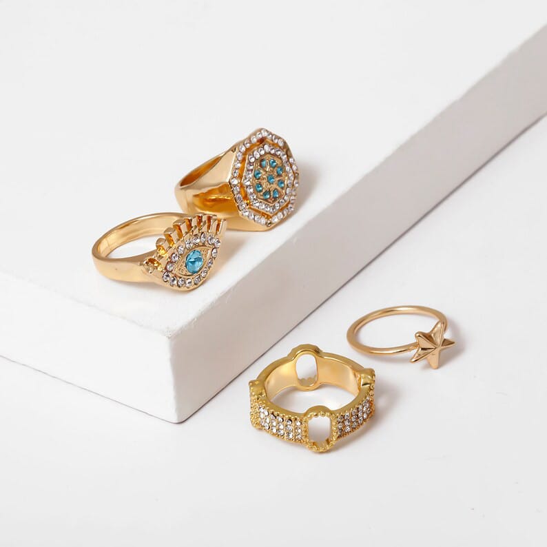 Yu Fashions Gold Turkish Eye Stone Ring Set of 4