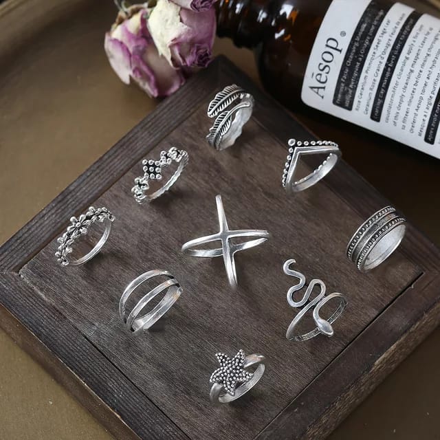 Yu Fashions Snake Leaf Bohemian Oxidized Silver Ring Set of 9