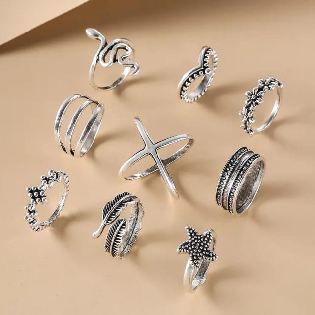 Yu Fashions Snake Leaf Bohemian Oxidized Silver Ring Set of 9