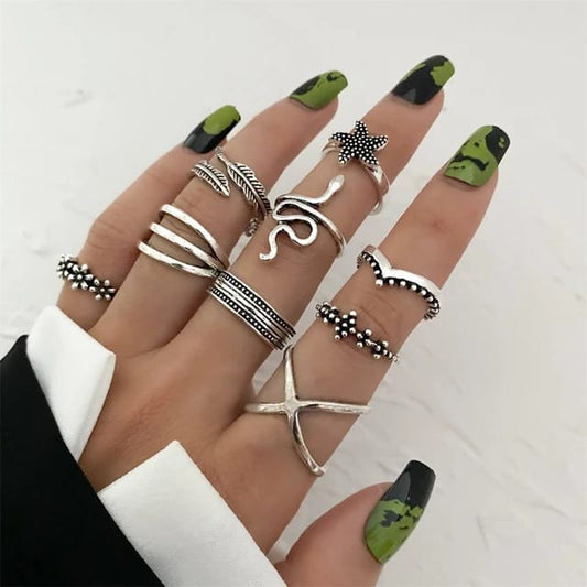 Yu Fashions Snake Leaf Bohemian Oxidized Silver Ring Set of 9