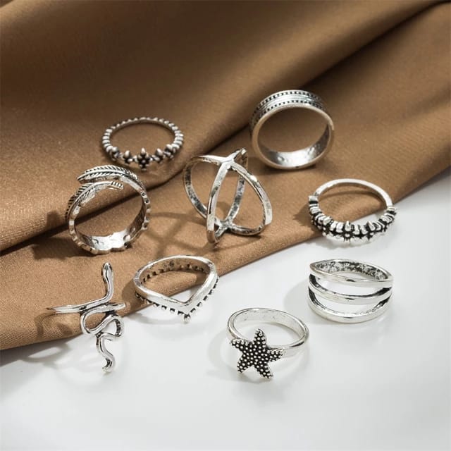 Yu Fashions Snake Leaf Bohemian Oxidized Silver Ring Set of 9