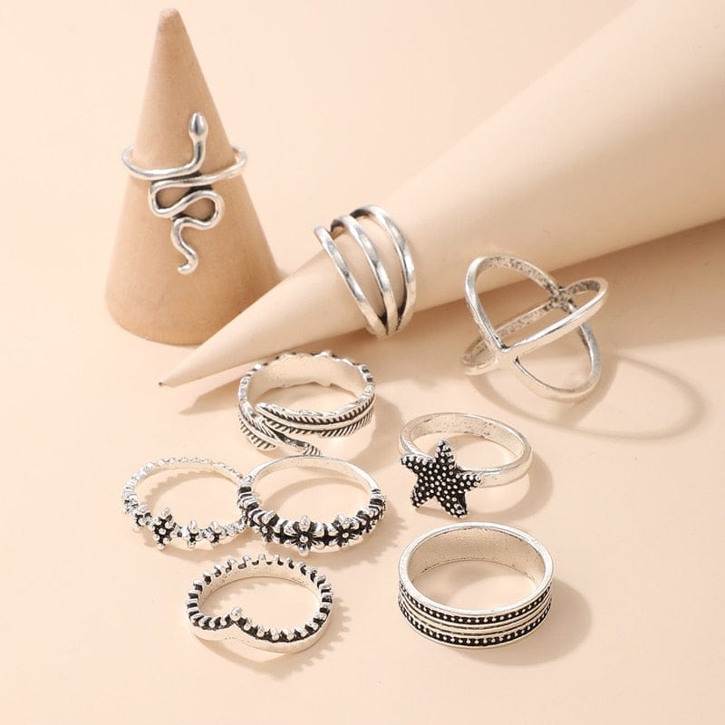 Yu Fashions Snake Leaf Bohemian Oxidized Silver Ring Set of 9