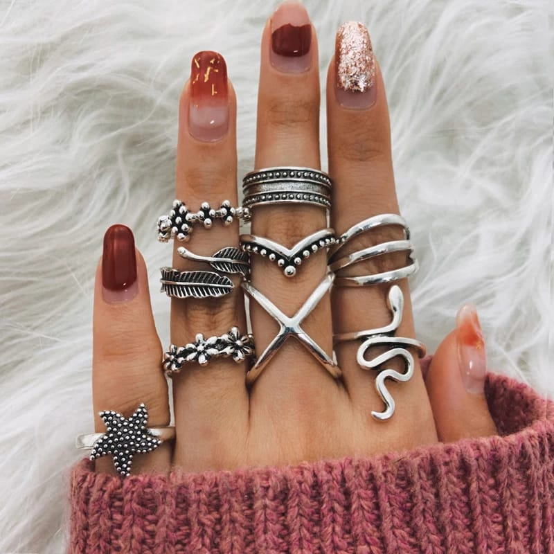Yu Fashions Snake Leaf Bohemian Oxidized Silver Ring Set of 9