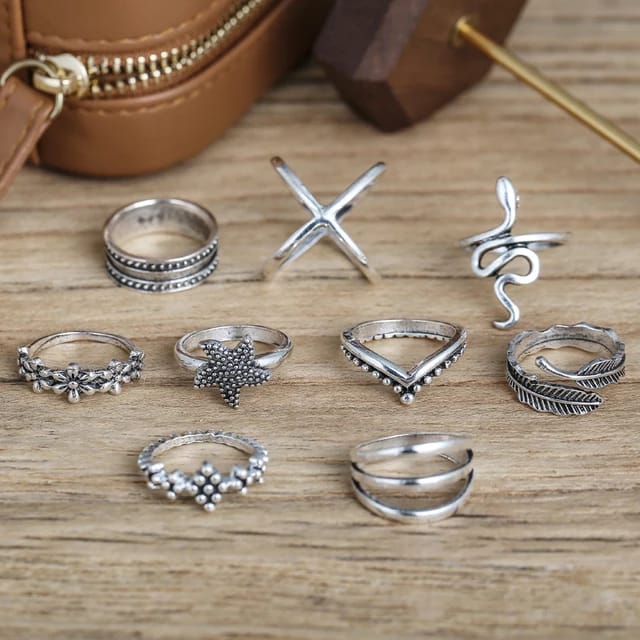Yu Fashions Snake Leaf Bohemian Oxidized Silver Ring Set of 9