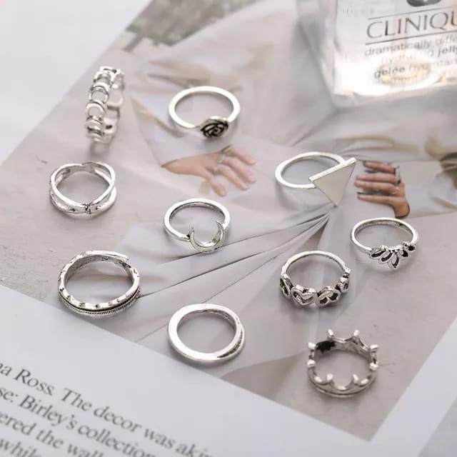 Yu Fashions Triangle Flower Crown Bohemian Link Ring Set of 10