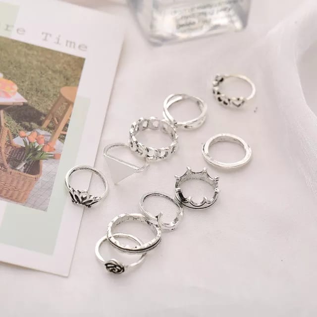 Yu Fashions Triangle Flower Crown Bohemian Link Ring Set of 10